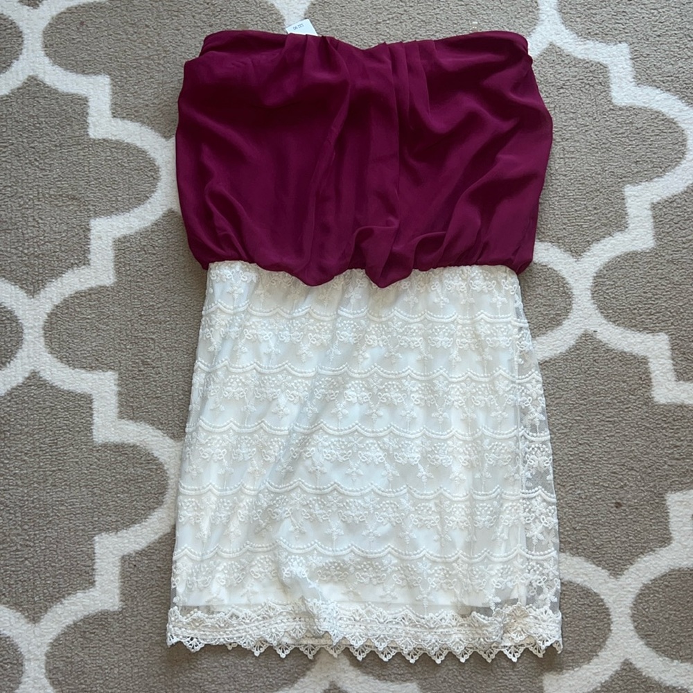 Burgundy strapless lace dress
